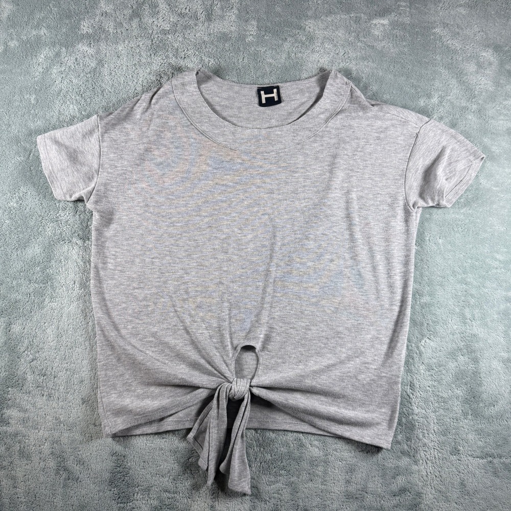 H by Bordeaux Gray Short Sleeve Front Tie Knot Top Crew Neck Heathered‎ 18222NOR